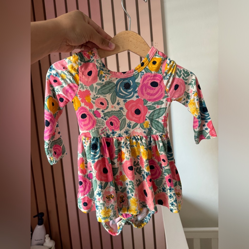 Little Sleepies Floral Long Sleeve Romper Dress in Pink, Yellow, Teal